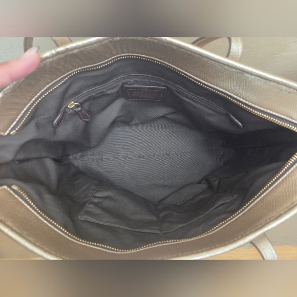 COACH Metallic Pebbled Leather Zip Top Tote Bag - Gold/Platinum - Picture 7 of 11